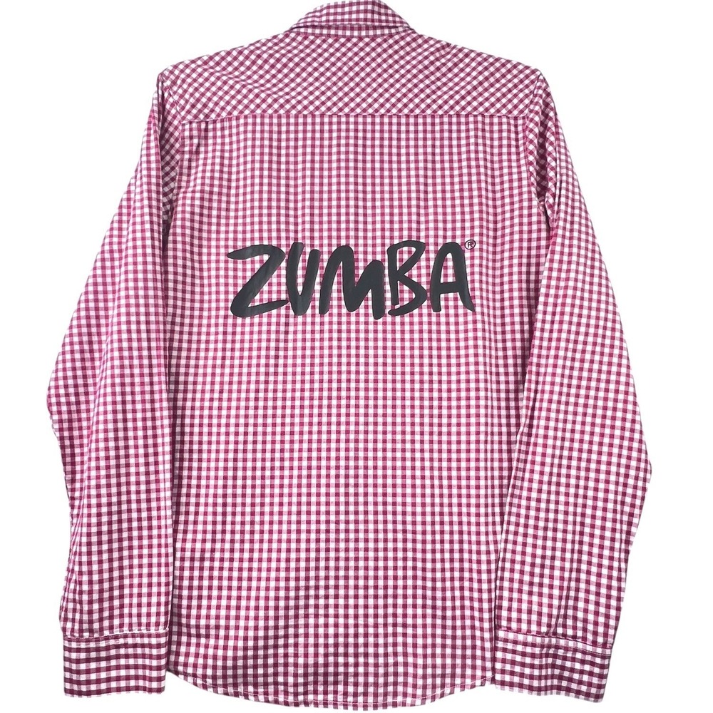 Zumba Gingham Button Down Shirt Red M Back Logo Fitness Spell Out Logo Top